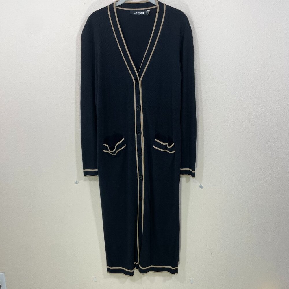 Lauren Ralph Lauren LARGE Long Duster Cardigan Cotton Designer Black Tan Stripe
